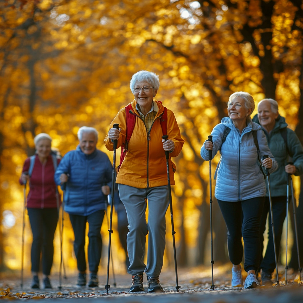 Група пенсіонерів на заняттях з нордичної ходьби